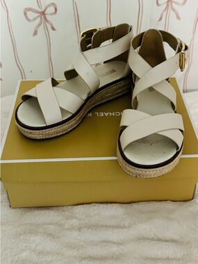 Michael Kors Cream Espadrille Wedge Sandals with Gold Buckle